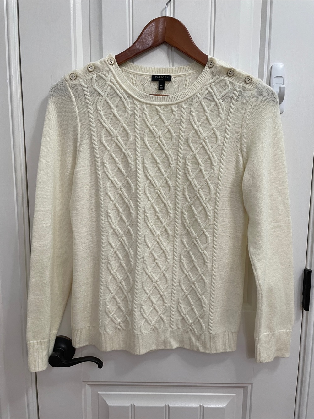 Talbots Ivory Cable-Knit Button-Shoulder Sweater - Picture 1 of 5